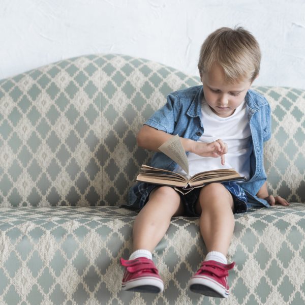 portrait-boy-sitting-sofa-pointing-finger-book